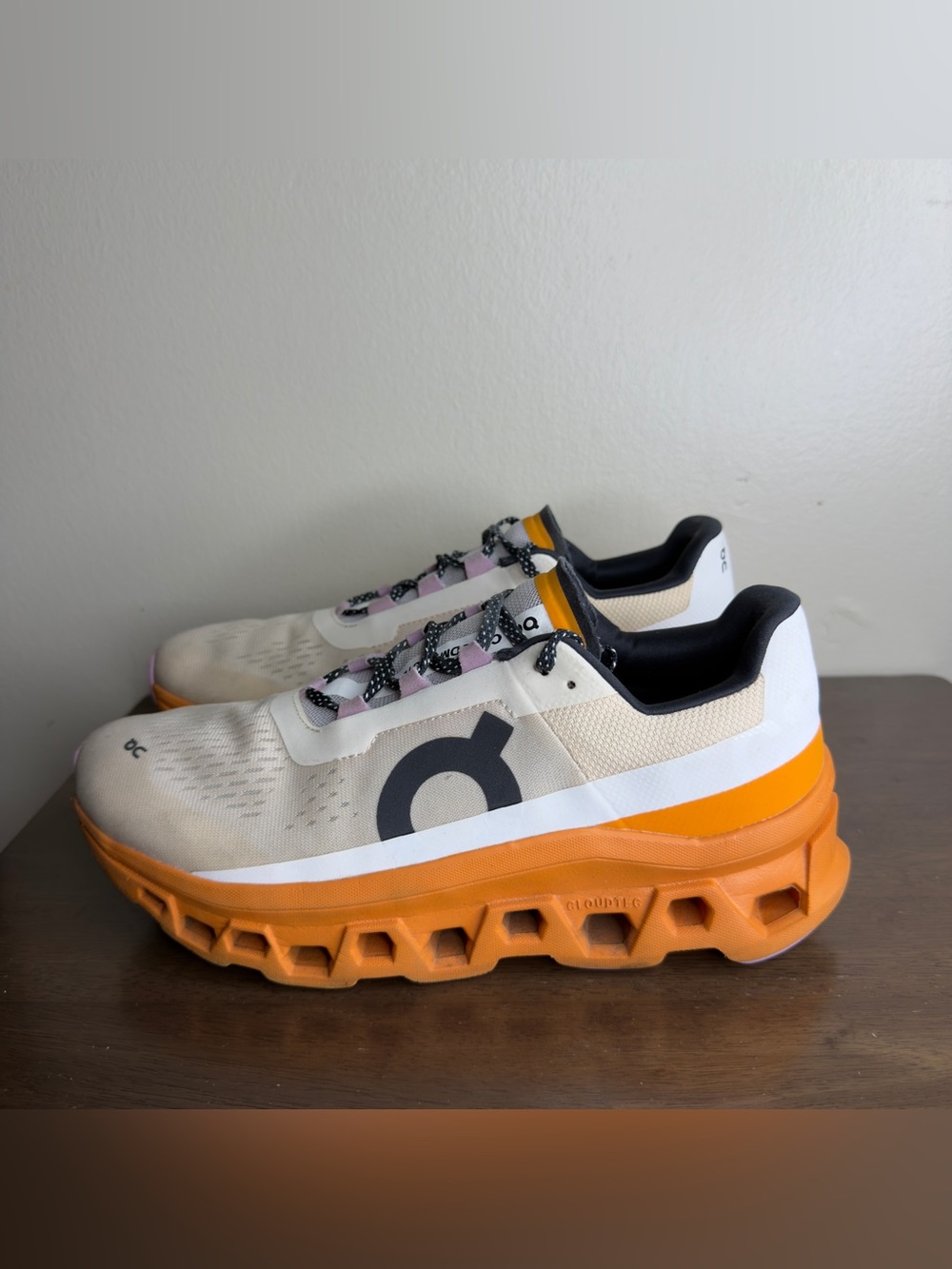 On Cloud White & Orange Cloudmonster Running Shoes 11 Womens